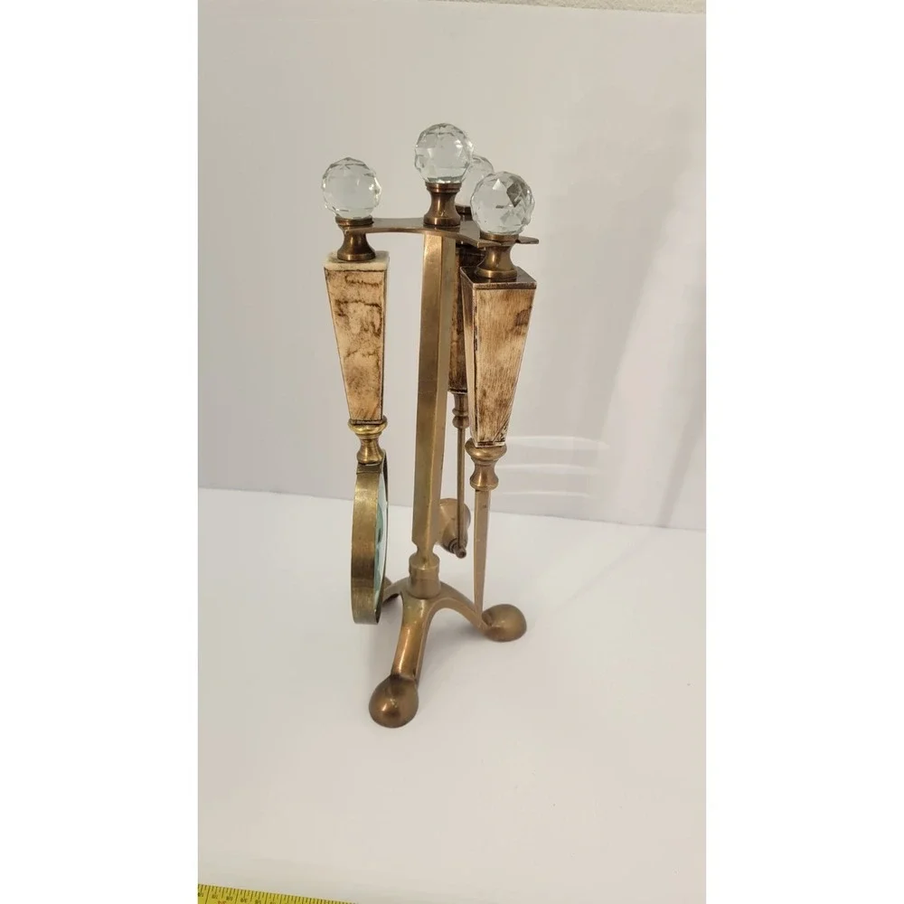 Vintage Brass Desk Set Bone Handles Crystal Knobs Magnifier Opener Snuffer
